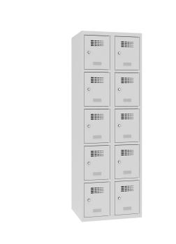 Ein lichtgrauer Fächerschrank mit zwei Abteilen und zehn Fächern mit jeweils einer Tür. Alle Türen sind geschlossen. Der Schrank steht vor einem weißen Hintergrund.
